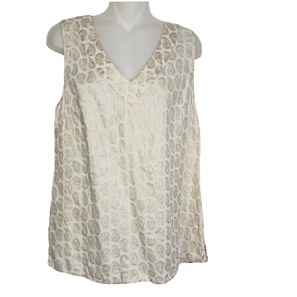 St. Tropez West Womens Tank Top Medium 100% Linen V Neck Ivory Gold Paisley - Picture 1 of 8